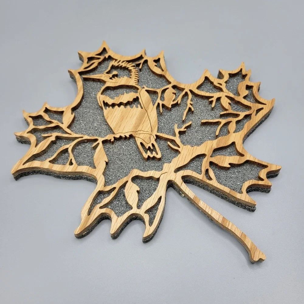 Laser Cut Wall Decor Wooden Maple Leaf Bird Art Acorn Design Textured Background